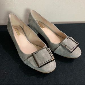 LOUISE ET CIE Gray Suede BRIANA Big Buckle Toe CAREER City HEELS Shoes  38 1/2